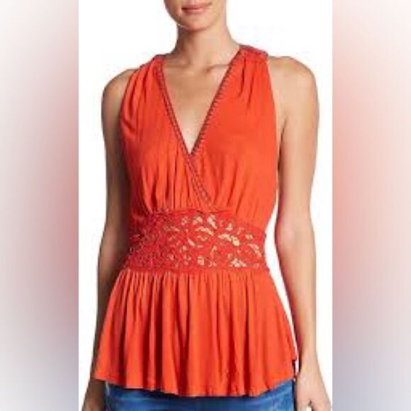 NWT Free People Megan Embroidered
Crochet Waist Peplum Top Tank XS Red/Orange - Picture 3 of 12